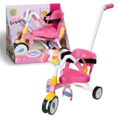 Imagen de BABY born Zapf Creation 834299 Puppenzubehör für 43cm Puppen, Dreirad mit Stange, Hupe, Schlaufen Sicherheitsgurt in Rosa und weiß, Color Negro, 43 cm