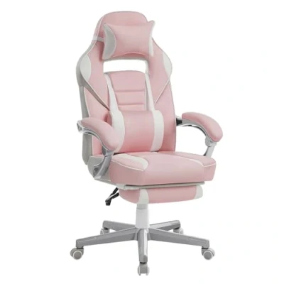 Imagen de SONGMICS Silla de Oficina, Juego, Ajustable, reposapiés telescópico, Mecanismo basculante, reposacabezas, Soporte Lumbar, Carga 150 kg, Rosa Caramelo y Blanco Crema OBG073P01