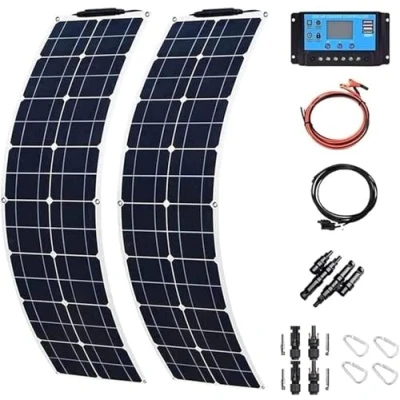 Imagen de Kit solar de panel flexible 200W/400W/800W, 12 V 24 V, módulo monocristalino con controlador carga (40 A) y cable para vehículos recreativos, barcos, remolques(400W)