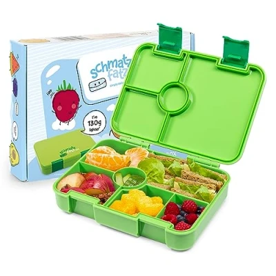 Imagen de schmatzfatz Fiambrera para niños con compartimentos, sin bisfenol A, caja de almuerzo infantil, Bento perfecta la escuela, guardería y las excursiones (Verde)