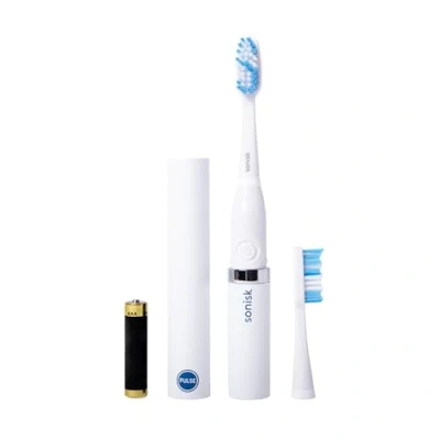 Imagen de Sonisk Pulse Cepillo de dientes eléctrico con pilas Tecnología Sonic 1 batería, 2 cabezales cepillo, funda viaje incluida, 31 000 movimientos por minuto, tamaño portátil, blanco puro