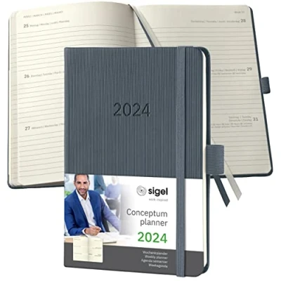 Imagen de SIGEL C2467 Conceptum Agenda semanal 2024, aprox. A6, gris oscuro, tapa dura, dos páginas = una semana, 176