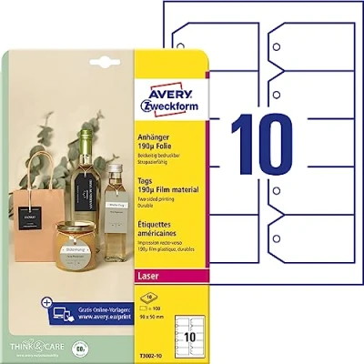 Imagen de Avery España T3002 10 colgantes imprimibles doble cara de plástico 190µ, bordes lisos, rectangular, rectangular 90x50mm, caja 100 incluye el hilo para colgarlos, impresora láser