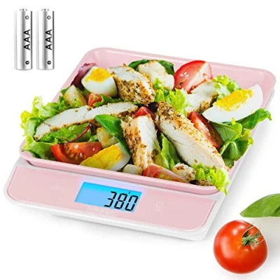 Imagen de DURONIC KS100 PK Báscula cocina de alta precisión digital Máx 5 kg y Bandeja 1.2L Función tara Pilas incluidas Pantalla LCD retroiluminada grande Balanza Pesa Alimentos Líquidos Joyas Rosa