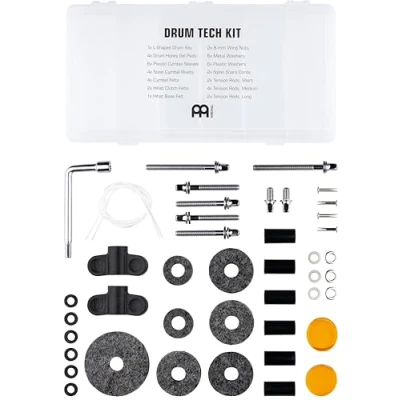 Imagen de Meinl Drum Tech Kit Caja Pack de Accesorios Batería (46 piezas) con llave afinación, fieltros platillo, tornillos, apagadores gel honey y más (MDTK)