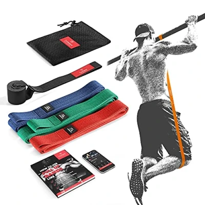 Imagen de Banda Elástica de Resistencia Textil bemaxx + Guía Entrenamiento Pull Up Deporte Yoga Pilates Tracción para Fitness y Estiramientos Duradera Resistente Versátil Juego 3