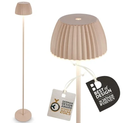 Imagen de BRILONER Lampara de Pie LED sin Cable IP44 Táctil, 19x124 cm, Regulable, Función Memoria, Batería Recargable, Salon Luz Lectura, German design Award Winner 2025, Beige