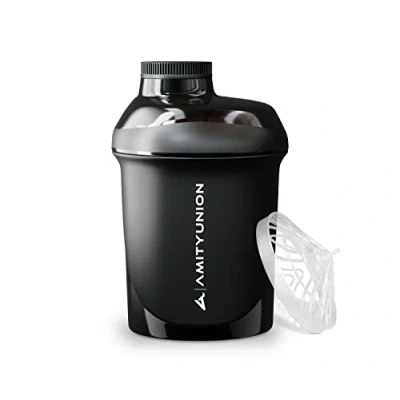 Imagen de AMITYUNION Protein Shaker 400 ml Con tamiz ORIGINAL Fitness Mixer Sin BPA, escala para batidos cremosos de proteína suero leche en polvo, Concentrados BCAA negro deluxe