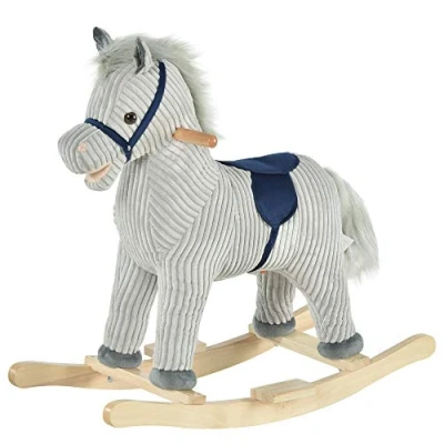 Imagen de HOMCOM Caballito Balancín Infantil para Niños de +3 Años Caballo Mecedora Felpa con Sonidos Relincho y Galope Base Madera Carga 45 Kg 73x35x64 cm Azul Rayas Gris
