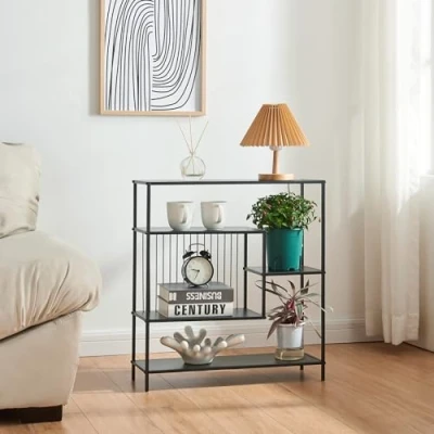 Imagen de [en.casa] Consola Rectangular Diseño Industrial Mesa Recibidora con 3 Estantes y 1 Compartimento Abierto para Oficina Pasillo Mueble de Recibidor 4 Niveles Metal 66 x 60 20 cm Negro