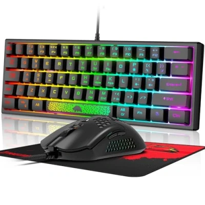 Imagen de UK Diseño Por Cable 62 Llaves Juego De Azar Combo Teclado RGB Rainbow Backlit Tecnología Tallado Láser 10 Chroma Retroiluminado 12000dpi Silencioso Ligero Panal Transpirable Ratón