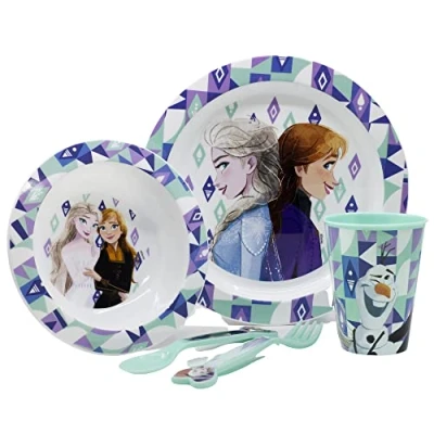 Imagen de Set vajilla infantil reutilizable apta para microondas compuesta por vaso, plato, cuenco y cubiertos de Frozen
