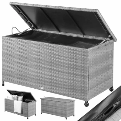 Imagen de CASARIA® Baúl de Almacenamiento Exterior XXL 420L 122x56x61cm Poliratán Gris 2 Ruedas y Asas Arcón Jardín