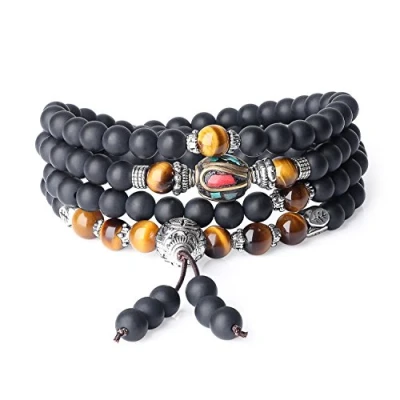 Imagen de COAI® Pulsera Collar de Ónice y Ojo Tigre Marrón 6mm Piedras Naturales 108 Cuentas Mala