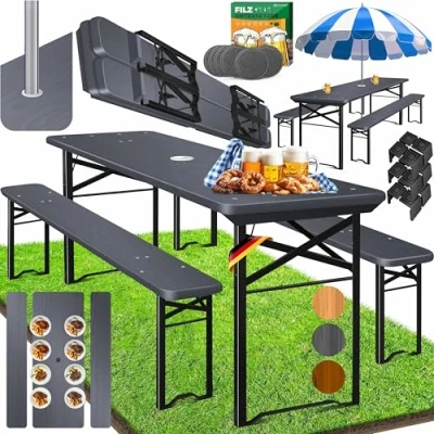 Imagen de KESSER® Juego de muebles jardín 3 piezas, plegable, 170 x 46 75 cm, 2 bancos cerveza, 1 mesa madera, 12 protectores suelo y 6 posavasos fieltro