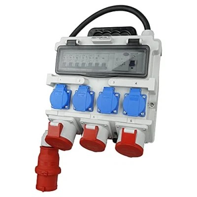 Imagen de Doktorvolt distribuidor de corriente con enchufes Bals 4 x 230 V 2 16 A 1 32 400 CEE, interruptor LS, FI, cable enchufe, construcción,