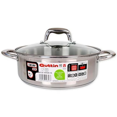 Imagen de Quttin Olla Profesional New Caesar de Inducción para Cocina y Horno Cacerola Pequeña Acero Inoxidable Antiadherente con Tapa Cristal Asas 26 cm/5 L Apta Todo Tipo Cocinas