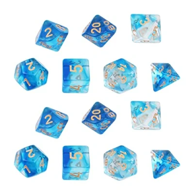 Imagen de DollaTek Juego de Dados Transparentes poliédricos Juegos Mesa 2 x 7 (14 Piezas) Serie D20 D12 D10 D8 D6 D4 DND RPG MTG Colores Dobles Una Pieza (Azul)
