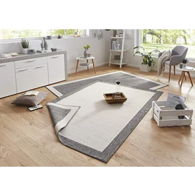 Imagen de NORTHRUGS alfombra Panama para interior y exterior, 160 x 230 cm, reversible, resistente a la intemperie, diseño único con cenefa, balcón, terraza, jardín, jardín de invierno, impermeable en color gris crema
