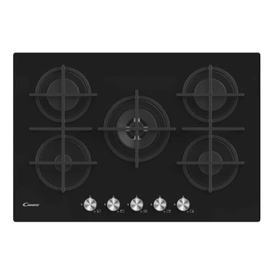 Imagen de Candy Moderna CVG74WPB, Placa Gas, Cristal Templado, 5 Fuegos, 75CM, Gas Natural adaptable a Butano, 12,15KW, Mandos Centrales,3 Rejillas aptas para lavavajillas,Válvula Seguridad Sicurflame,Negro