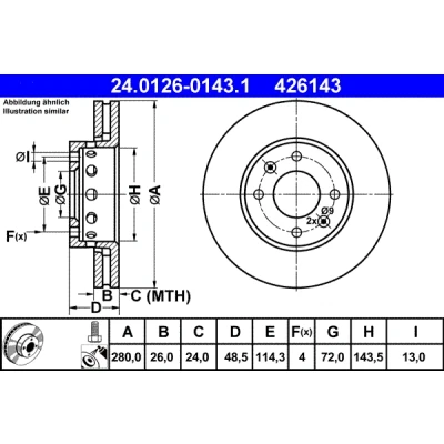 Imagen de ATE 24.0126 0143.1 Disco de freno 280,0 26,0 4 114,3 ventilado revestido aleado/alt. carburado con tornillos KIA: CARENS 2