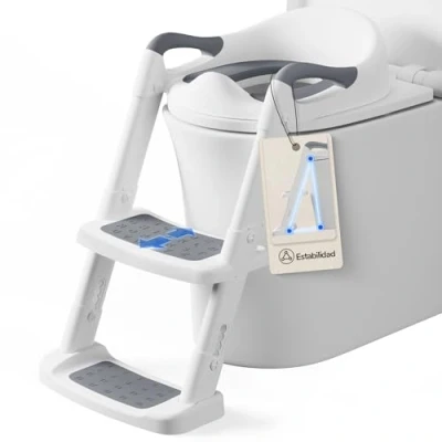 Imagen de DEANIC Adaptador WC Niños con Escalera, Reductor De 2 a 8 Años, Orinal Portatil Plegable Reposabrazosy/PU Almohadillas Bebe (Gris)