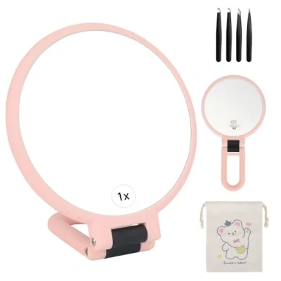 Imagen de OWill Espejo de Aumento, Maquillaje 15x / 1x con Mango, Aumento Mano Doble Cara, para Mujer Rosa