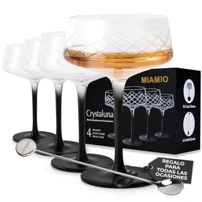 Imagen de MIAMIO Juego de 4 copas cóctel 280 ml con cuchara bar, cristal sopladas a mano tallo negro, únicas, vodka martini, champán Colección Crystaluna