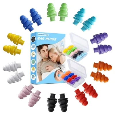 Imagen de tapones de silicona para dormir con cancelación ruido, 10 pares reutilizables dormir, conciertos, ronquidos, viajes, trabajo, colores, 33 dB SNR