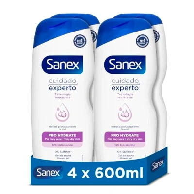 Imagen de Sanex Cuidado Experto Pro Hydrate Gel de Ducha, Pack 4 Uds x 600ml, Fórmula con Prebiótico Natural, Hidrata Profundamente la Piel, 12H Hidratación, 0% Sulfatos, para Piel Muy Seca