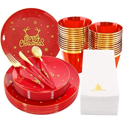 Imagen de KAHEIGN 175 Piezas Reutilizable Vajilla Navideña de Plástico Rojo con Borde Dorado 25 Platos Llano, Ensalada, Cuchillos, Tenedores, Cucharas, Servilletas para Invitados