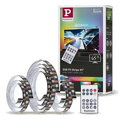 Imagen de Paulmann 78881 Strip LED USB iluminación para TV 65 pulgadas 2,4m 60LED/m Dynamic Rainbow RGB incl. 1x4 W regulable, tira de luz, negro, plástico