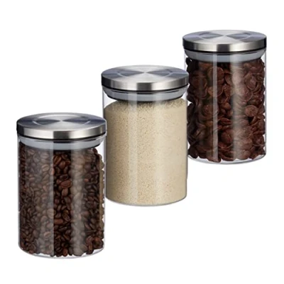 Imagen de relaxdays Tarros de Cocina, 600 ml, Cierre hermético, Tapa Acero Inoxidable, 3 Uds, Transparente