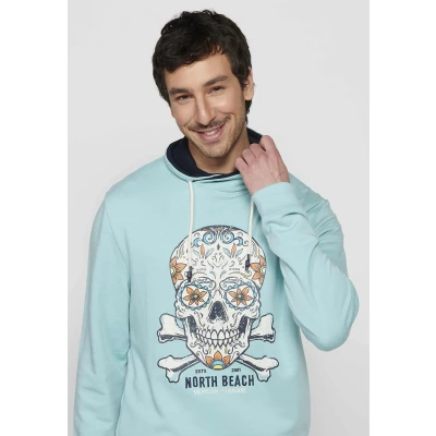 Imagen de Sudadera de manga larga con cuello alto ajustable cordón y estampado delantero color azul para hombre Ropa Casual