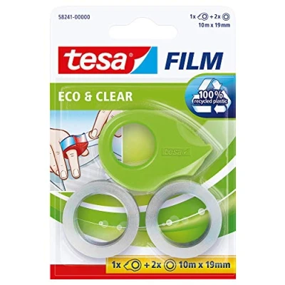 Imagen de tesafilm® eco &amp; clear Cinta Adhesiva Transparente Ecológica + Dispensador Manual Mini 100% Plástico Reciclado 10 m x 19 mm Paquete con 2 Rollos Verde