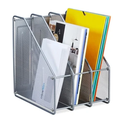 Imagen de Relaxdays Organizador de pie Archivador Malla Metálica 3 Compartimentos, A4, 31,5 x 24 29 cm, Oficina y Teletrabajo, Plateado, Acero, 31.5 cm