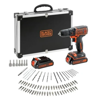Imagen de Black+Decker Taladro inalámbrico de iones litio 18 V con cargador, incluye 80 accesorios y 2 baterías 1,5 Ah, se entrega en una caja, para tintes metal, madera rostro