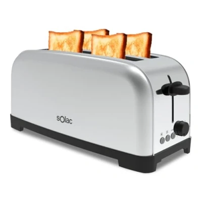 Imagen de Solac Yé Tostador, 1400W, 6 niveles de tostado, dos ranuras extra largas anchura variable, funciones: stop, recalentar y descongelar, bandeja recoge migas, acero inoxidable