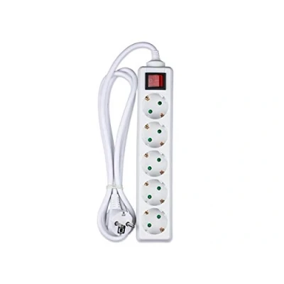 Imagen de LEDLUX Regleta eléctrica con 5 tomas Schuko, enchufe tipo híbrido F + E, cable largo 1,5 metros, color blanco, máx. 250 V 3680 W