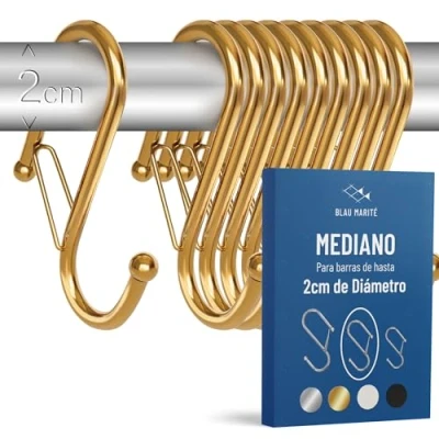 Imagen de Blau Marité 10 Ganchos en Forma de S con Sistema Anticaída. Largo: 8,5 cm. para Barras hasta 2cm diametro. Ayuda la organización y almacenaje del hogar. (Dorado, Mediano)
