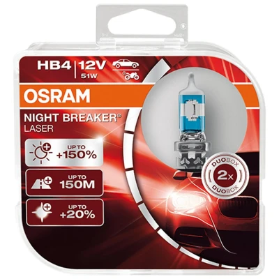 Imagen de OSRAM NIGHT BREAKER LASER HB4, +150% más de luz, lámpara halógena para faros, 9006NL HCB, coche 12 V, caja dúo (2 lámparas)