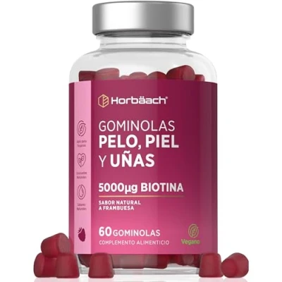 Imagen de Gominolas para el Pelo Piel y Uñas Biotina 5000 mcg + C, E más 60 Gummies Hair Skin Nails Vitaminas Veganas Horbaach