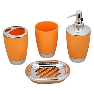 Imagen de Lvguang 4 Piezas Set Juego de Accesorios Baño con Dispensador Jabón, Vaso para Cepillo Dientes, Soporte Jabonera, Plástico PP no Tóxico (Naranja)