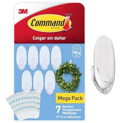 Imagen de Command Ganchos Transparentes Medianos con Tiras Transparentes, 7 y 10 Adhesivas Para Colgar Luces otros Adornos Sin Dejar Marcas Taladrar, Hasta 900g