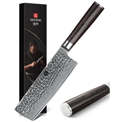 Imagen de XINZUO Cuchillo Nakiri 17cm de Acero Damasco, Patrón Martillado Cuchillos Cocina Profesional para Verduras Cocinero con Mango Madera Pakka He Serie