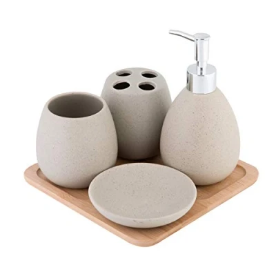 Imagen de axentia Juego para baño Avignon 126822. Equipamiento baño, Accesorios de cerámica bambú, marrón, 23 x 30 11 cm