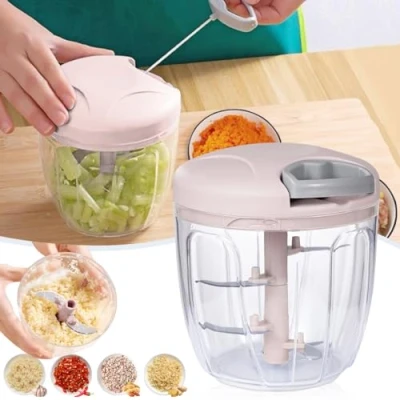 Imagen de NIUAWASA Trituradora Manual de 900 ml, Picadora Alimentos Mano con Polea Procesador Verduras Cuchillas Acero inoxidable para Cebollas Ajos Nueces