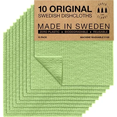 Imagen de SUPERSCANDI Bayeta Sueca Super Absorbente, Reutilizable Y Ecologica Paños De Cocina Biodegradables Celulosa Algodón Trapo Cocina, Limpieza Pack x10, Verde