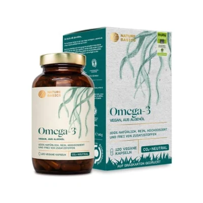 Imagen de Nature Basics® Algae Oil Omega 3 vegano 120(!) cápsulas altamente dosificadas en un frasco puro sin procesar Por cápsula natural 455mg con 30% DHA &amp; 15% EPA