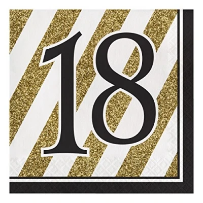 Imagen de Creative Converting Servilletas de papel con número 18, color negro y dorado, 13 pulgadas, 16 unidades, feliz cumpleaños